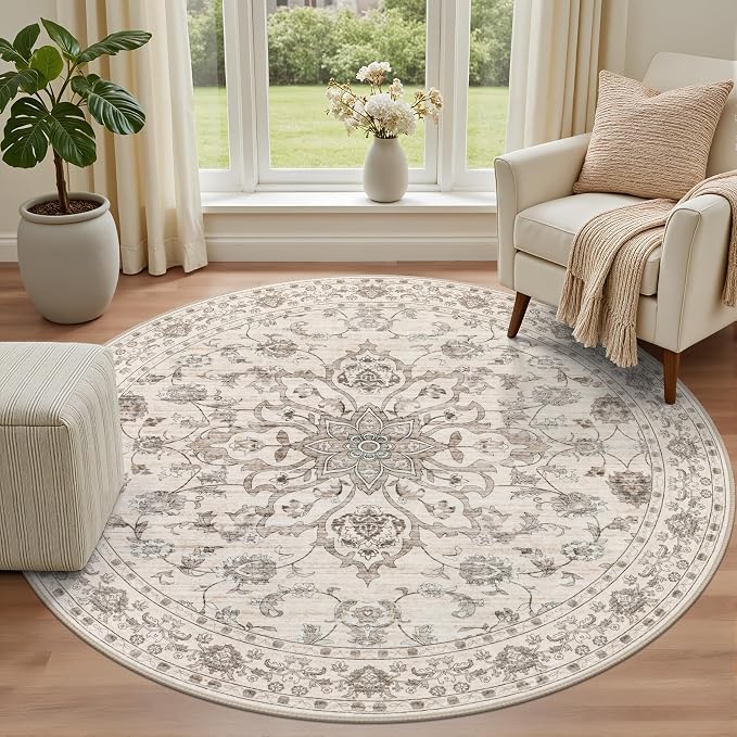Round Area Rug for Living Room: 4ft Boho Washable Rug Brown Beige | Vintage Boho Soft Round Rug Indoor Floor No Slip Carpet Stain Resistant Rugs for Bedroom Dining Room Nursery Home Office