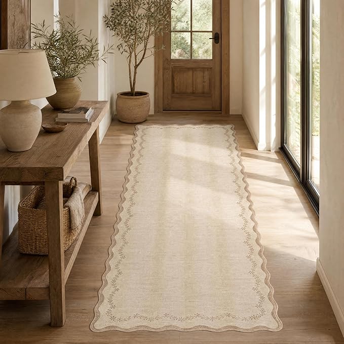 GarveeHome 2.5x10 Scalloped Washable Runner Rug Long Hallway Kitchen Rug | Soft Brown Hall Runner Non Slip Entryway Rug Farmhouse Thin Laundry Mat Stain Resistant Carpet for Bathroom Beside Rug