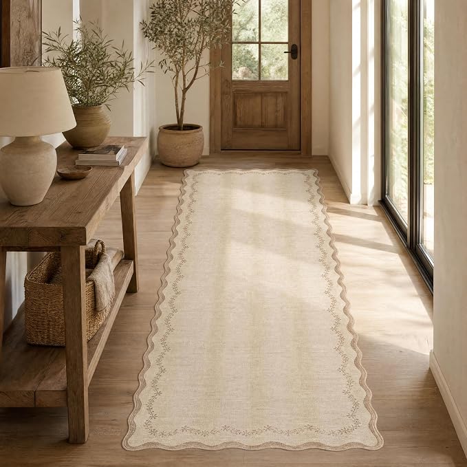 GarveeHome 2.5x8 Scalloped Washable Runner Rug Non Slip Hallway Kitchen Rug | Soft Long Hall Runner Jute Tan Entryway Rug Farmhouse Thin Laundry Mat Stain Resistant Carpet for Bathroom Beside Rug