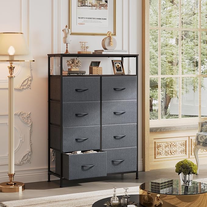WLIVE 8 Drawer Fabric Dresser Open Shelves, Tall Bedroom Chest, Dark Grey | Dark Grey 8 fabric drawers plus open shelves, steel frame with wood top, great for bedroom closet entryway and dorm storage