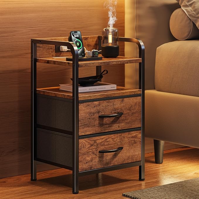 Huuger Nightstands Set of 2, Night Stand, Charging Station, USB-C Ports | 2 Drawers Bed Side Table, Open Shelf, 2-Way Power Panel Installation, End Table for Bedroom, Rustic Brown