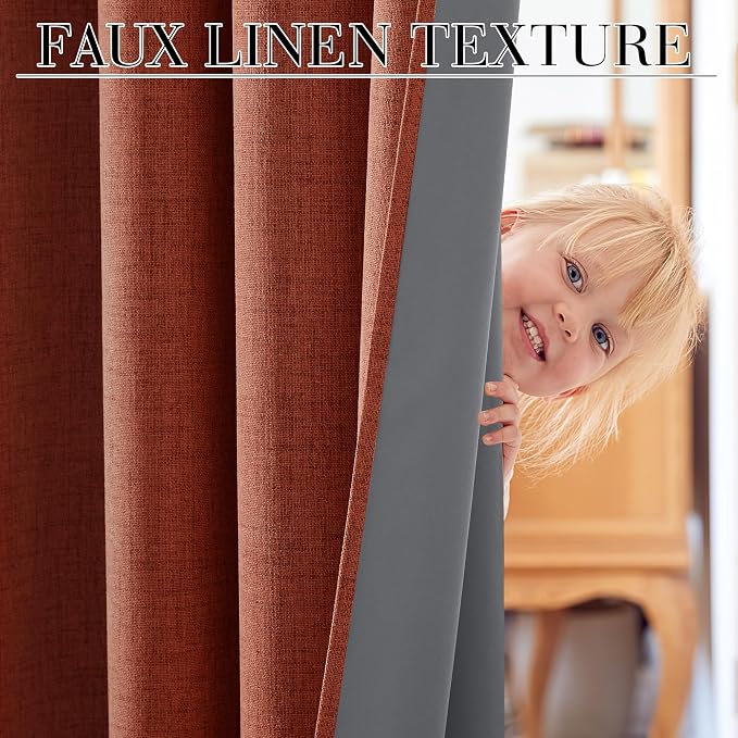 RYB HOME 100% Blackout Linen Textured Curtains 84 Inch Long for Nursery | Thermal Insulated, Privacy Assurd, for Bedroom Living Room Window Office Dining Room, Terracotta, W52 x L84, 2 Panels