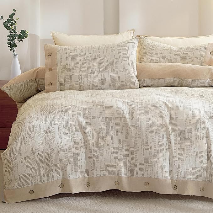 Oli Anderson 100% Egyptian Cotton Duvet Cover Queen Size, Khaki, 3 Pieces | Yarn Dyed Jacquard Textured Bedding Set, Striped Boho Design, Pre-Washed, Button Closure, Soft Breathable, All Season Comfort