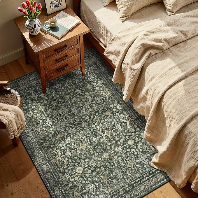 4x6 Area Rugs for Entryway, Green Washable Non-Slip Area Rug for Kitchen | Low Pile Soft Small Rugs, Vintage-Style Carpet for Bathroom Bedroom Tool Room, Stain Resistant Foldable Distressed Rug
