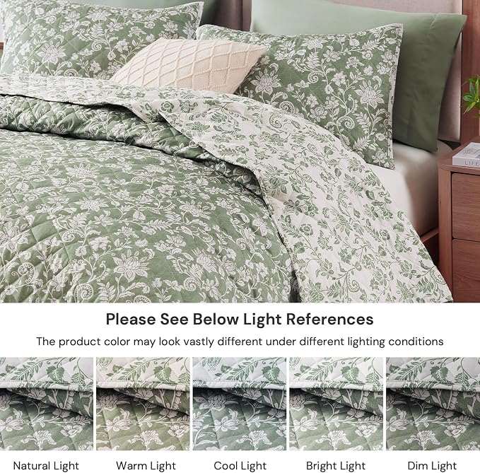 Queen Quilt Set-3 Pieces Soft Bedding Floral Reversible Coverlet | All Seasons Lightweight Quilts Queen Size for Bed, Breathable Vintage Bedspread with Shams, Green
