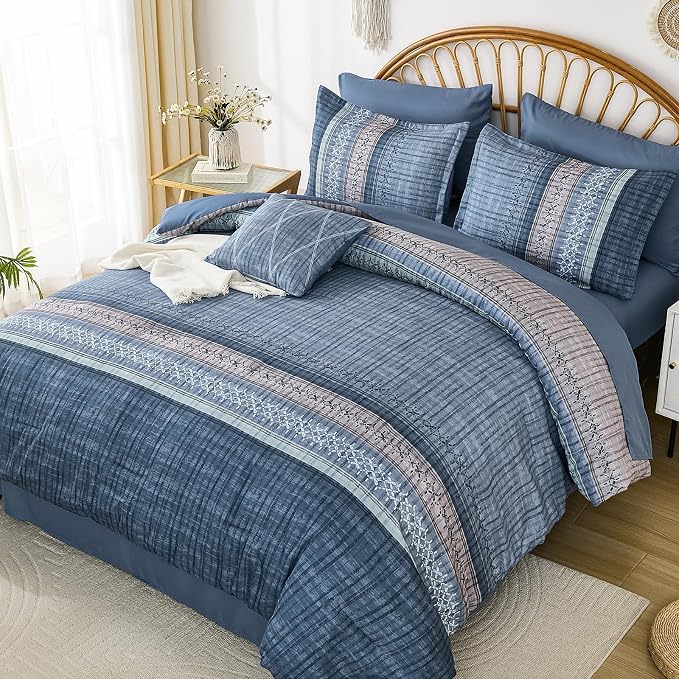 Dintszyayue Blue Comforter Set Full Size, 8 Pieces Boho Striped Bed in a Bag Soft Microfiber Bedding Set for All Season