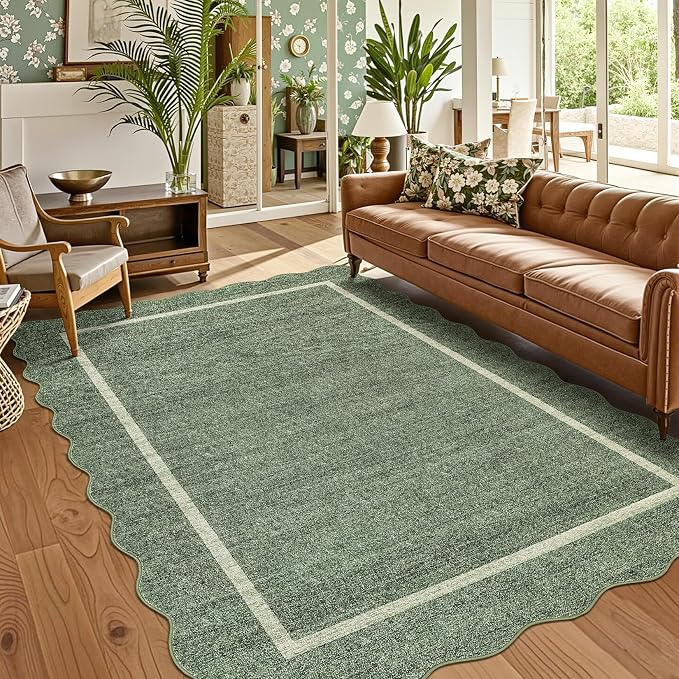GarveeHome Scalloped Washable Rug 5x7 Area Rug for Living Room Non Slip | Modern Throw Rugs Bedroom Rugs Low Pile Soft Non Shedding Stain Resistant Carpet for Dining Room Nursery 5'x7' Greyish Green