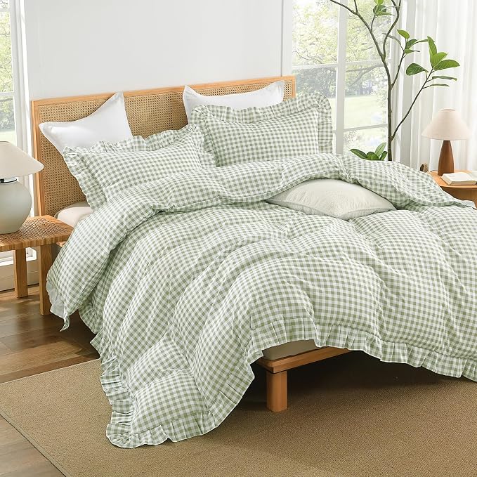 Andency Sage Gingham Duvet Cover King, Ruffle Shabby Chic Bedding Set 3 Pcs | Farmhouse Soft Pre-Washed Polyester Comforter Cover with Zipper Closure & Corner Ties, 104x90Inch