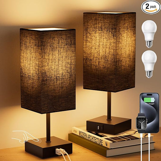 Touch Bedside Table Lamp for Bedroom, 14-Inch, Black, Set of 2 | USB A+C Ports, Touch 3-Way Dimmable LED Bulb Included Fabric Lampshade Metal Base Small Nightstand Lamp for Desk Living Room