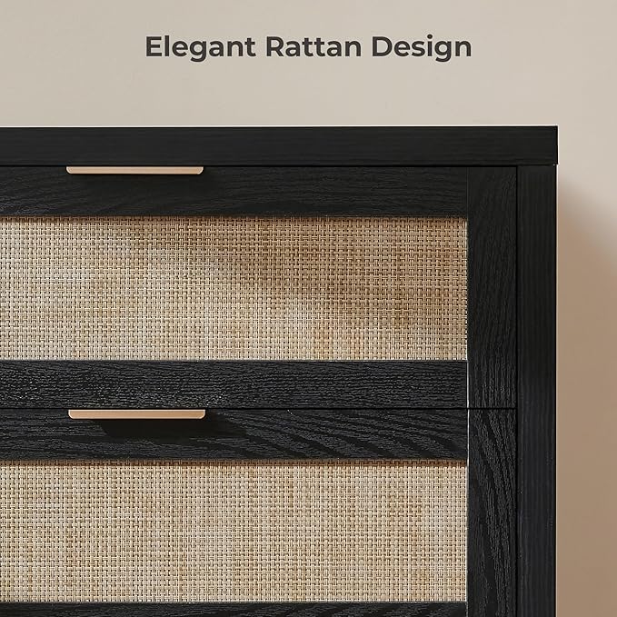 SICOATS Rattan Dressers for Bedroom Set 2, Large 6 Drawer Dresser | Long Chest of Drawers, Dresser Farmhouse TV Stand for Bedroom, Living Room, Nursery, Closet, Black Oak, 2 Pieces