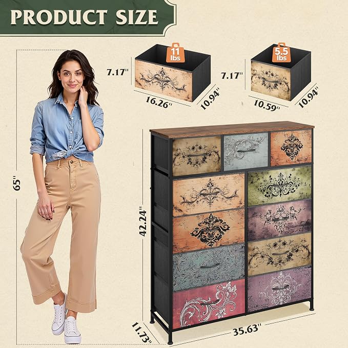 WLIVE Tall Dresser for Bedroom, 11 Drawer Chest of Drawers, Pattern | 11 fabric storage drawers, Tall high-capacity design, Bedroom or dorm use, Sturdy steel frame, Smooth wood tabletop