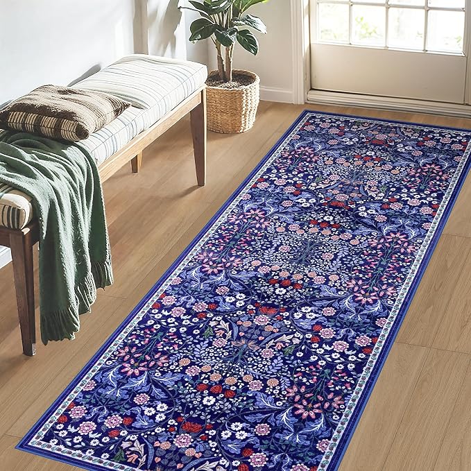 PLHXFR 2x5 Washable Runner Rug：Floral Indoor Kitchen Soft Carpet Blue | For Hallway Bedroom Kitchen Laundry Bathroom Dorm,Vintage Floral,Machine washable,Non Slip,Stain Resistant,Indoor Floor