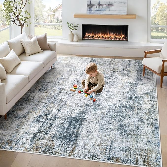 6x9 Area Rugs Washable Rug: Abstract Neutral Rugs Modern Non Slip Area Rug Stain Resistant Low Pile Indoor Carpet for Dining Room Bedroom Nursery Office (Multi Blue, 6'x9')
