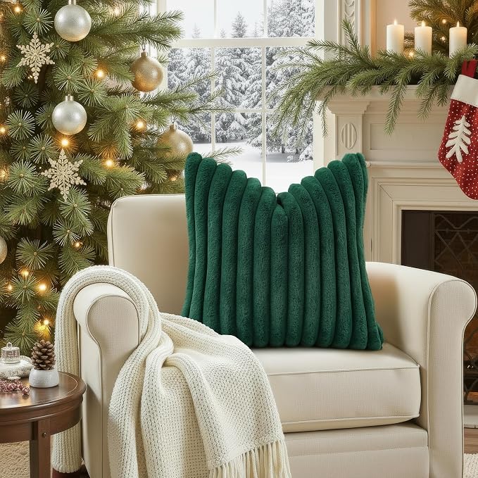 decorUhome Fall Faux Fur Throw Pillow Covers 18x18 Set of 2 Christmas Green | Decorative Soft Cozy Striped Plush Modern Farmhouse Boho Couch Pillow Cases Velvet Back for Sofa Bed Living Room Home Decor
