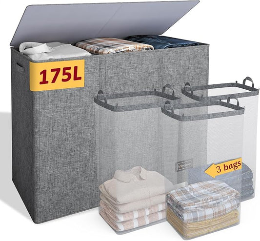 175L Laundry Hamper 3 Section,Large Laundry Hamper with Lid,Dirty Clothes Hamper with 3 Inner Bags,Collapsible Laundry Basket Organizer for Laundry Room,Bedroom,Laundry Sorter Hamper 3 Compartment