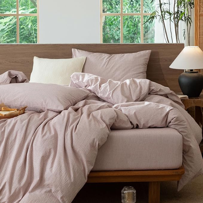 MooMee Striped Duvet Cover Set 100% Washed Cotton Linen Like Queen | Relaxed Linen-like Texture. Soft, Breathable & Long-lasting Comfort. Lightweight. Hidden Zipper with 8 Interior Corner Ties