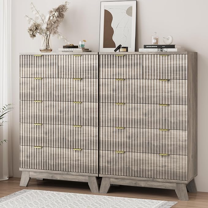Xixini Fluted Dresser for Bedroom with 6 Drawers, 46" Tall Modern Chest of Drawers with Metal Handle, Wooden Dresser TV Stand, Wood Closet Clothes Storage Organizer for Living Room, Hallway, Grey
