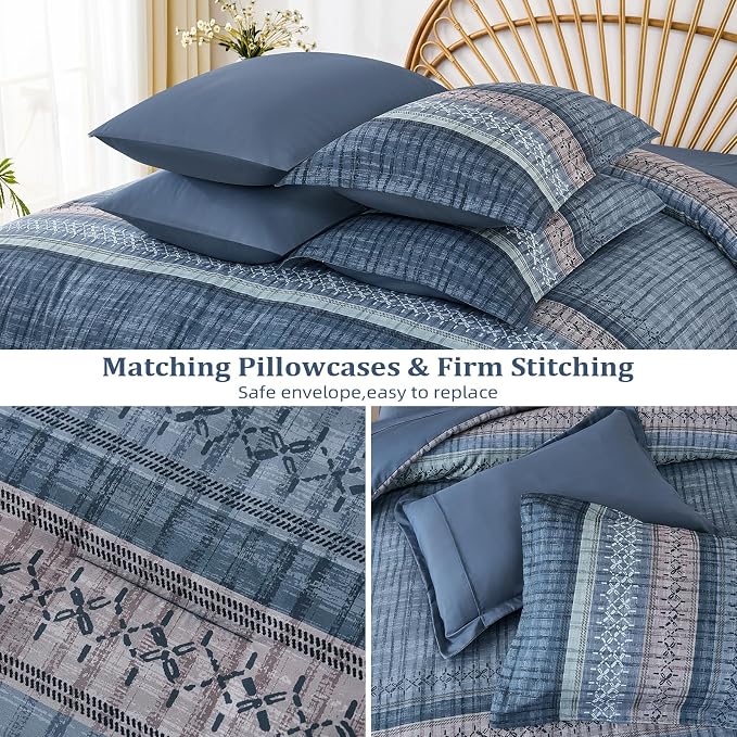 Dintszyayue Blue Comforter Set Cal King Size, 8 Pieces Boho Striped Bed in a Bag Soft Microfiber Bedding Set for All Season