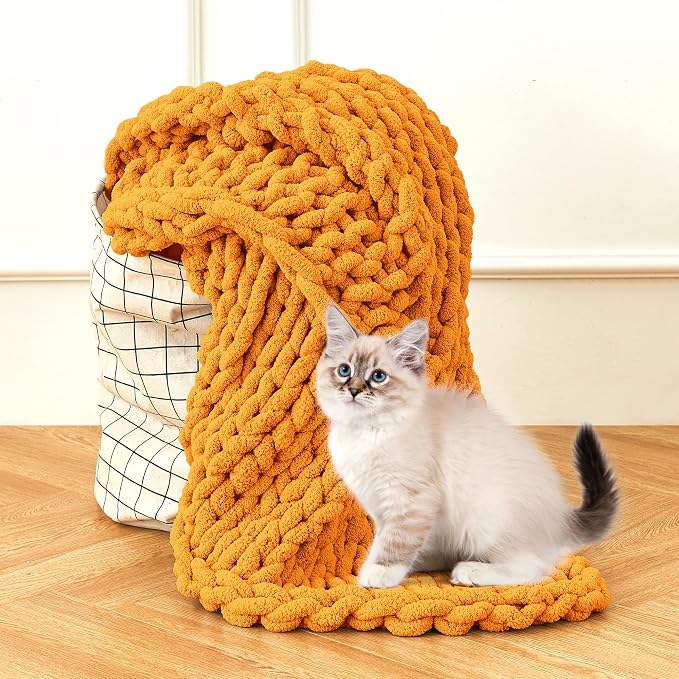 Chunky Knit Blanket Throw for Couch, 51"x63" Chunky Yarn Knitted Blankets | 100% Hand Knit Thick Chenille, Soft Breathable for Bed, Sofa, Home Decor, Cozy Gifts for Women Friends, Orange