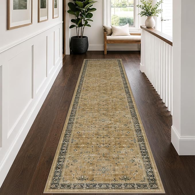 Washable 2x10 Entryway Long Runners for Hallways, Kitchen Floor Mat for Indoor Entrance, Vintage Rustic Brown and Charcoal Olive Decor, Non-Slip Stain Resistant Low-Pile Throw Rug