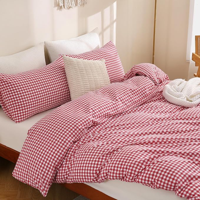 TOCOMOA Red Gingham Duvet Cover Set 100% Washed Cotton Like Linen, Queen | Linen-Like Feel Soft, Breathable & Comfy for All Season. Lightweight Bedding Set with Zipper & 8 Ties. 3 Pcs, No Insert