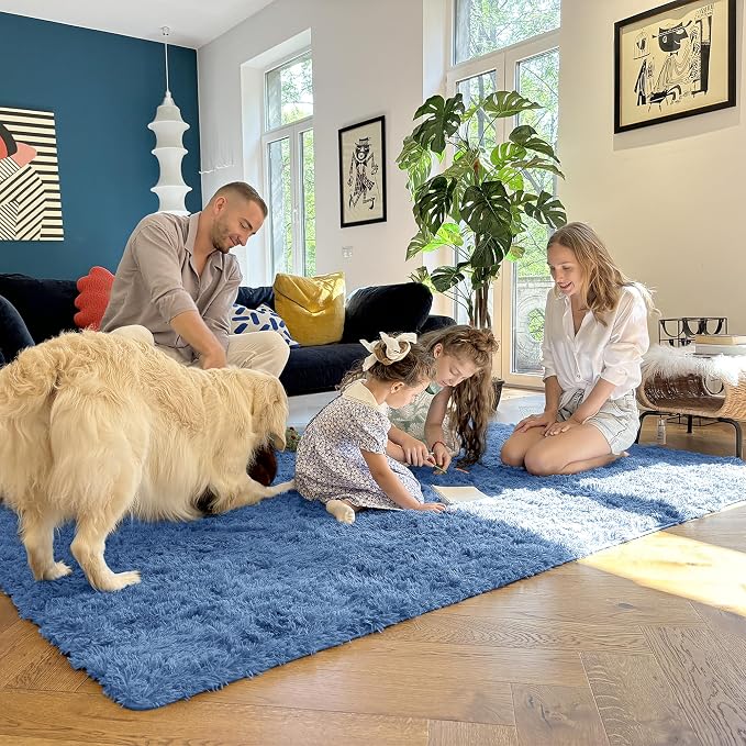OLANLY 2x5 Machine Washable Runner Rugs for Hallway, Soft Fluffy Shaggy Bedside Rugs for Bedroom, Living Room, Indoor Floor Carpet for Kids Girls and Boys, Home Decor Aesthetic, Blue