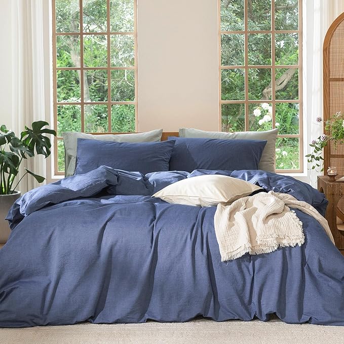 MooMee Duvet Cover Set 100% Washed Cotton Linen Like Queen | Relaxed Linen-like Texture. Soft, Breathable & Long-lasting Comfort. Lightweight. Hidden Zipper with 8 Interior Corner Ties