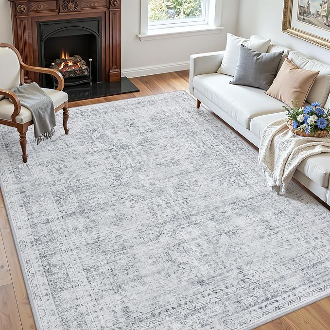 3x5 Area Rugs Living Room: Bedroom Neutral Washable Carpet Gray | Vintage Boho Soft Small Indoor Decor Floor Non-Slip Low Pile Neutral Farmhouse Entryway Laundry Bathroom Bedroom Beside Rugs