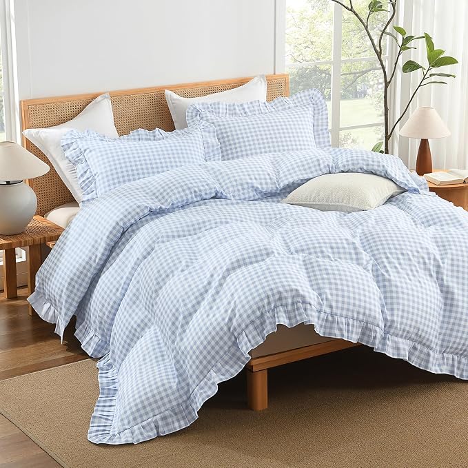 Andency Blue Gingham Duvet Cover King, Ruffle Shabby Chic Bedding Set 3 Pcs | Farmhouse Soft Pre-Washed Polyester Comforter Cover with Zipper Closure & Corner Ties, 104x90Inch