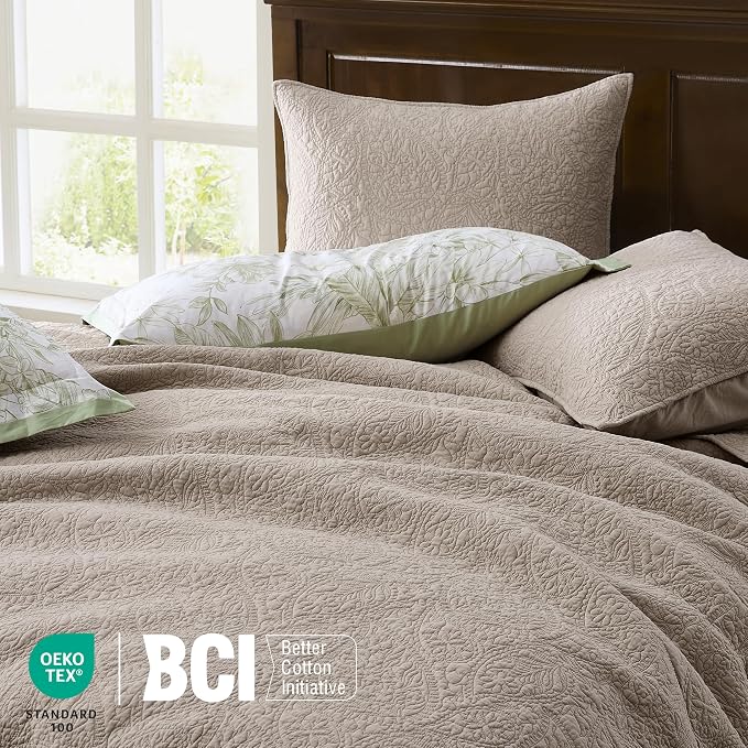 WDCOZY King 100% Cotton Paisley Quilt Bedding Set Beige Comforter | Pre-Washed Thin Farmhouse Bedspread, 106"x96" Coverlet + 2 Shams 20"x36", Soft Lightweight, All-Season, Textured Like Linen