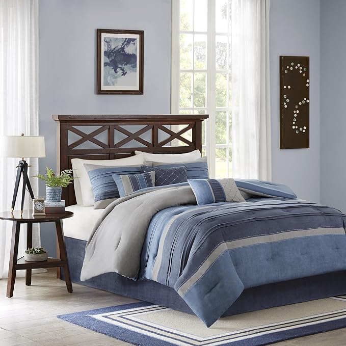 Madison Park Casual Modern Comforter Set, 7PC Queen Bedding Set | All Season Bedding with Comforter, Matching Bed Skirt, Decorative Pillows, Shams, Navy