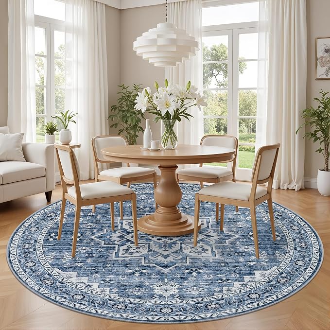 Round Area Rug for Living Room: 4ft Washable Rug for Bedroom Blue | Vintage Boho Soft Round Rug Indoor Floor No Slip Carpet Stain Resistant Rugs for Bedroom Dining Room Nursery Home Office
