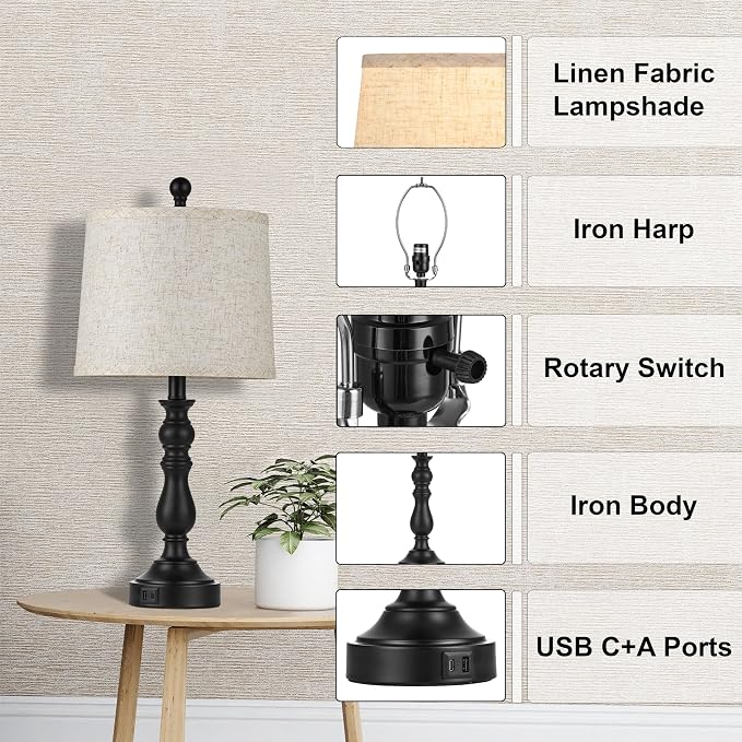 23'' Black Table Lamps Set of 2, Lamps for Bedroom, USB C+A Ports | Bedside Lamps with 3 Color Temperatures, Knob Switch, Lamps for Living Room, Office, Night Stands, End Table, Bulbs Included