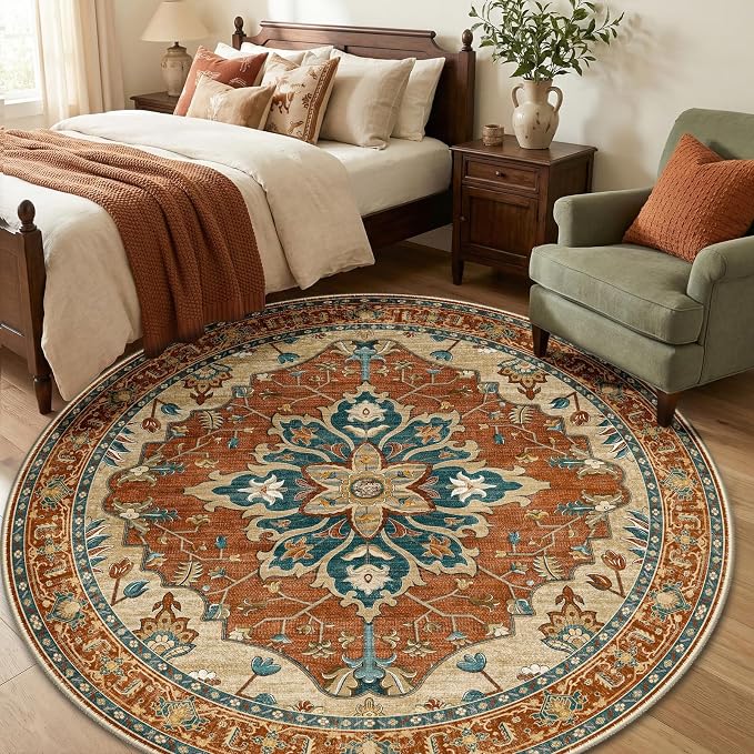 RELEANY Washable Area Rug, Round 6ft, Red/Orange/Blue/Brown | Non-Slip, Water Repellent, Pet Friendly, Easy to Clean, Vintage Floral Boho Decor for Living Room Bedroom Dining Room