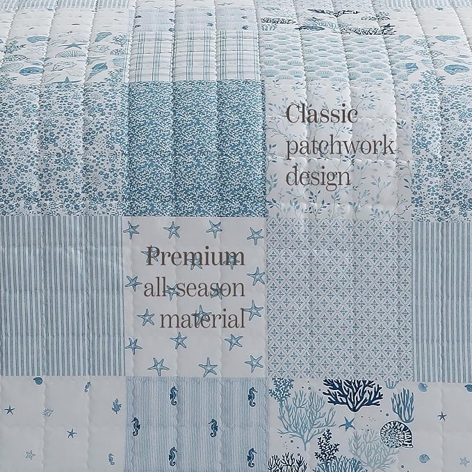 Queen Quilt Set-3 Pieces Soft Bedding Lightweight Floral Patchwork Coverlet | All Seasons Quilts Queen Size for Bed, 1 Quilt (90" x 94") and 2 Shams (20" x 26"), Vintage Bedspread, Coastal Blue