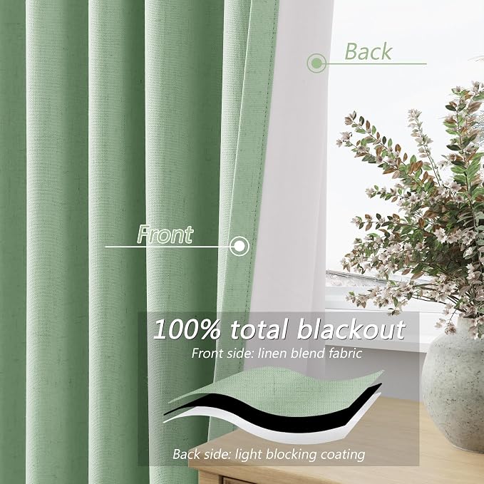 Aqua Green 100% Blackout Linen Curtains 90 Inch Length 2 Panels Set for Living Room Bedroom Back Tab Thermal Insulated Black Out Drapes Room Darkening Window Curtains 90 Inches Long