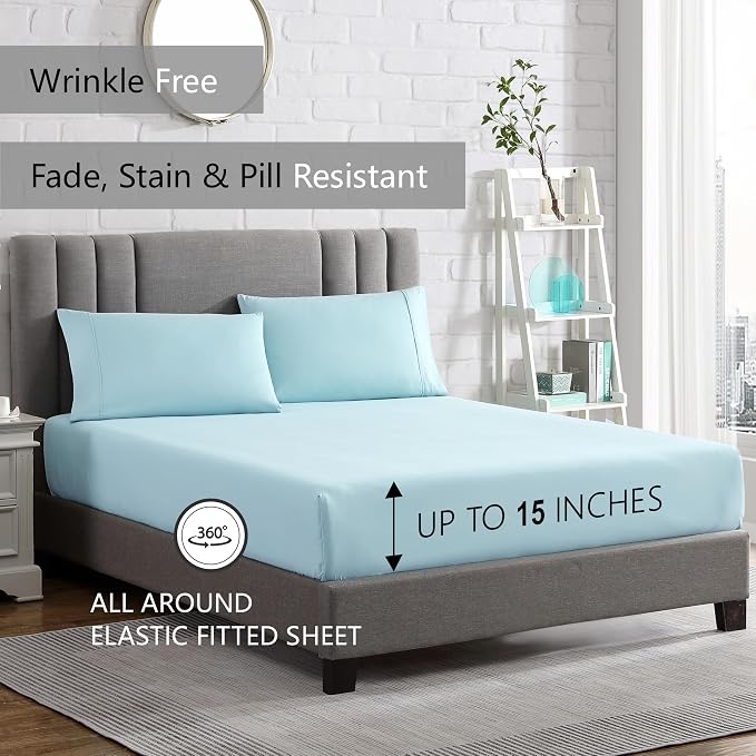 American Home Collection King Sheet Set - Ultra-Soft Microfiber 15-Inch Deep Pocket - Wrinkle Free and Fade Resistant (Misty Blue)
