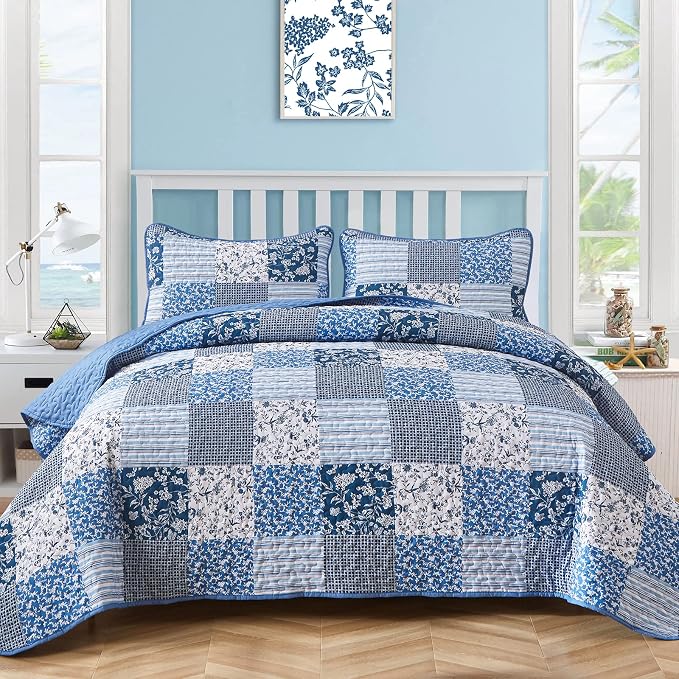 Mybedsoul King Size Quilt, Boho Patchwork Floral Bedding Set, Blue | Soft Lightweight Microfiber Coverlet Set, 3 Pieces Plaid Reversible Bedspread, Bed Sets for All Seasons 90"x110"