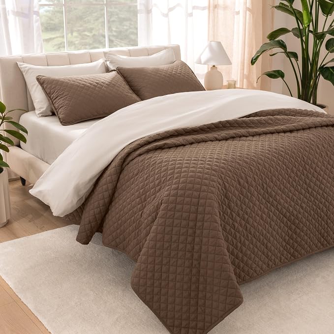 Bare Home Coverlet Set - King Size - Lightweight Bed Decor - Comforter Alternative - All-Season Quilted Bedspread (King, Cocoa)