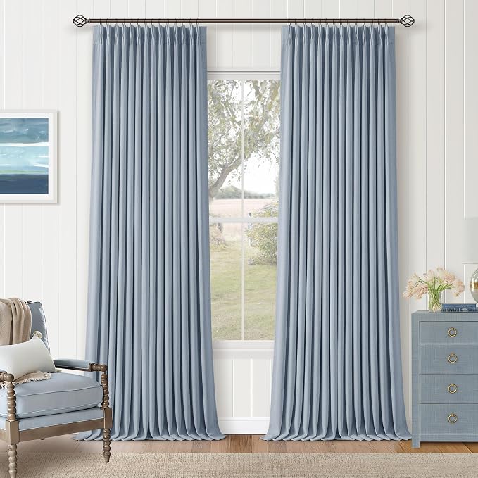 Blue Pinch Pleated Linen Blackout Dual Layer Curtains 108 Inches Length | Light Dusty Blue 100% Black Out Curtain, for Dining Room Kids Baby Bedroom, Coastal Modern, Two Layer Drapes, Room Darkening
