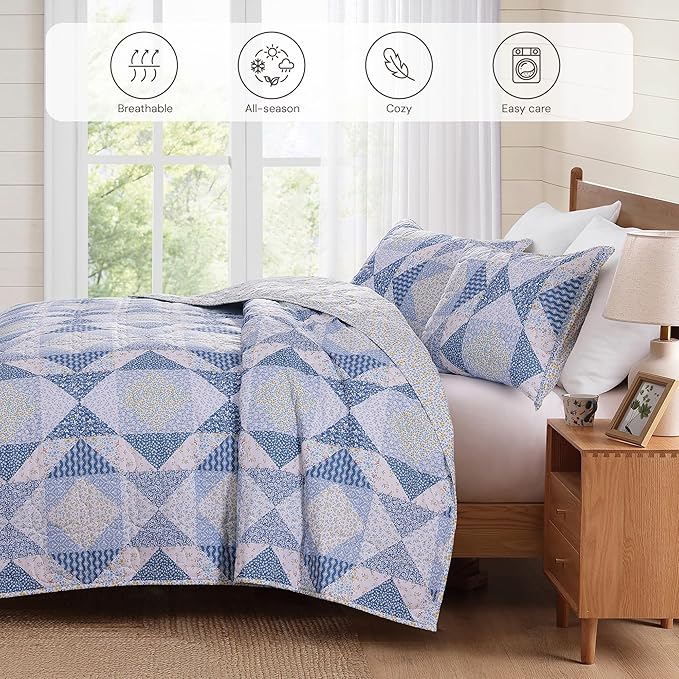 Twin/Twin XL Quilt Set-2 Pieces Soft Bedding Floral Patchwork Coverlet | All Seasons Lightweight Quilts Queen Size, 1 Quilt (66" x 92") and 1 Sham (20" x 26"), Reversible Bedspread, Blue Marigold