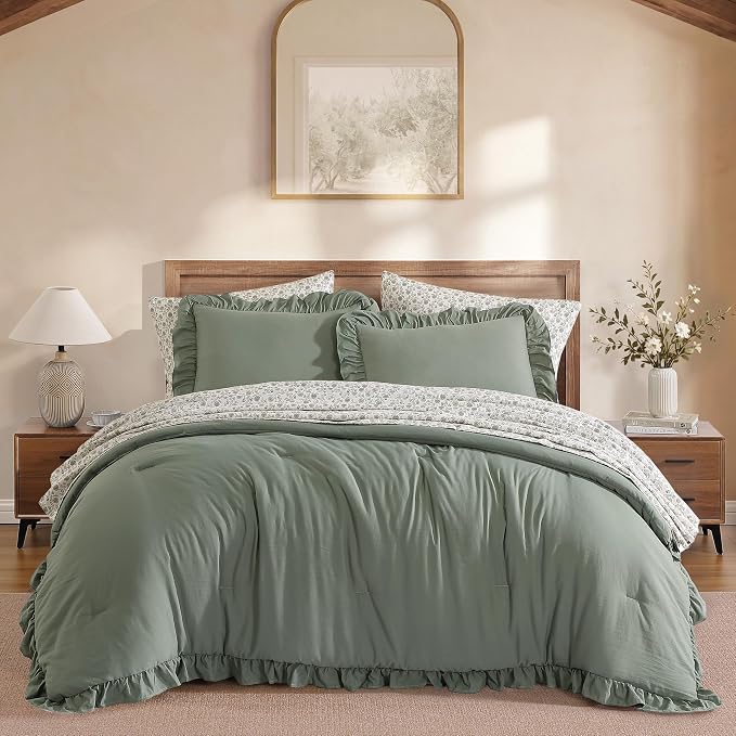 Queen Comforter Set-7 Pieces Ruffle Bedding with Floral Sheet | Green Floral Bed in a Bag, Soft Lightweight All Season Farmhouse Queen Bedding Sets with Floral Sheets, Pillowcases & Shams