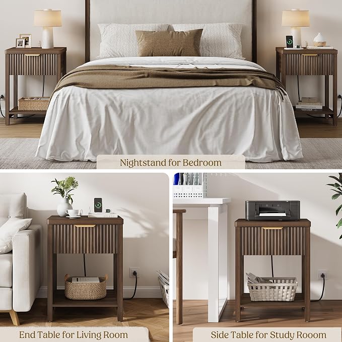 Night Stand Set 2, Fluted Wood Nightstands w/Charging Station for Bedroom | Walnut, Storage Drawer, Open Shelf, Metal Silent Rails, Round Corners, Modern Fluted Panel, Living Room, Bedside Table