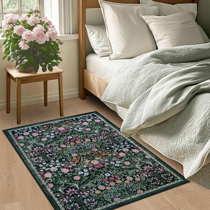 PLHXFR 2x3 Small Entryway Rug: Floral Washable Indoor Carpet Dark Green | For Entrance, Bedroom, Kitchen, Laundry, Bathroom,Door Mat,Vintage Floral,Machine washable,Non-Slip,Stain Resistant,Indoor