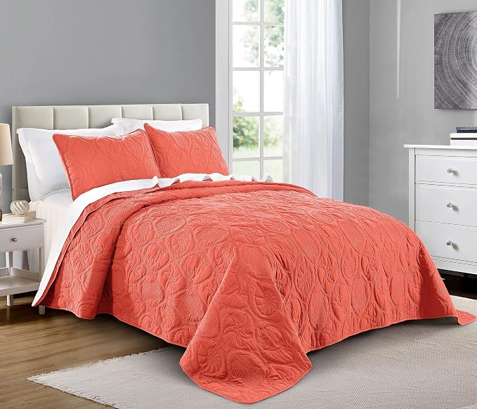 Pure Bedding Quilt Set King/Cal King/California King Size Coral - Oversized Bedspread - Microfiber Coverlet - Includes 1 Quilt and 2 Shams, Ocean Star Pattern