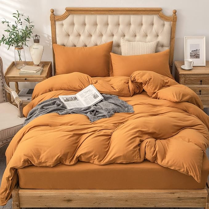 PURE ERA Jersey Knit Sheet Set Solid Burnt Orange California King | 100% Cotton, 3 Piece Set, T Shirt Soft, Breathable, Envelope Closure Pillowcases, Hidden Zipper, 8 Ties, No Insert, Modern