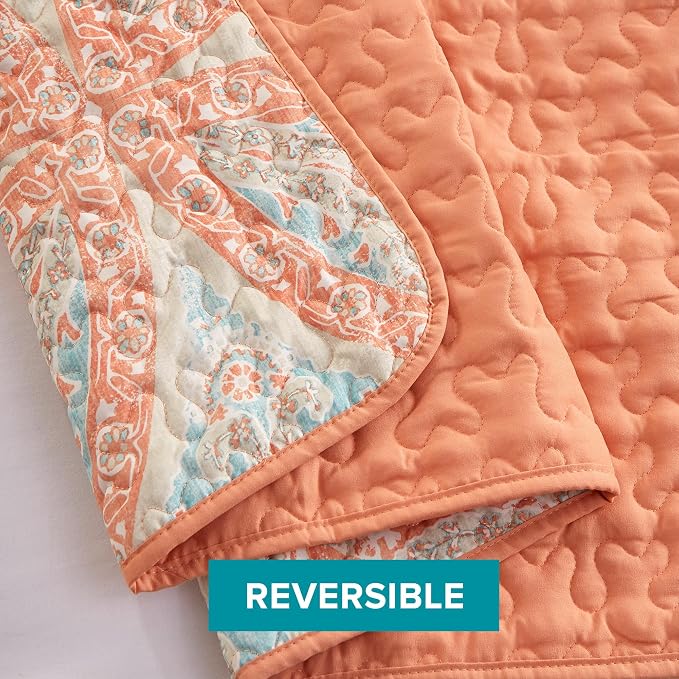 Comfort Spaces Gloria Boho Twin XL Quilt Set 2 Piece for Summer Coral | Reversible Coverlet Bedspread, Soft All Season, Medallion Pattern, Winter Layer with Shams Modern Lightweight, Cozy Comfort