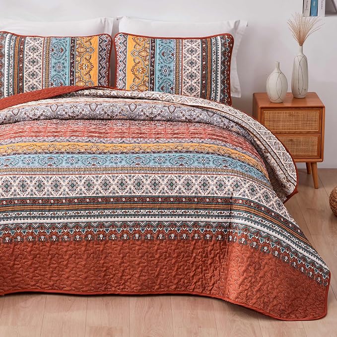 WONGS BEDDING Boho Quilt Queen Size,3 Pcs Bedspread Set, Burnt Orange | Colorful Bohemian Striped Printed Bedding for All Season, Lightweight Microfiber Coverlet Set with 2 Pillowcases(96"x90")