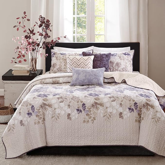Madison Park Modern Floral Coverlet Breathable Taupe Queen Quilt Set, 6pc | Lightweight Bedding Set, All Season, Machine Washable, Easy Care, Cozy, Soft, Casual, Durable, Classic
