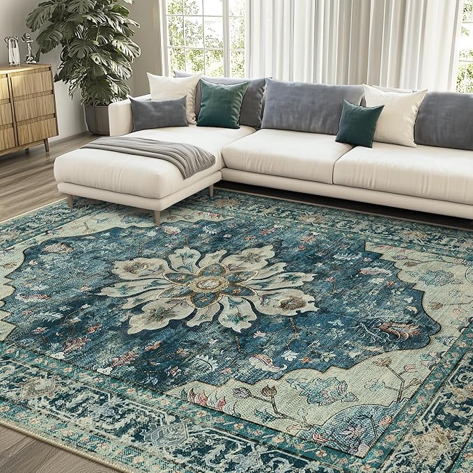 RELEANY Washable Area Rug, 6'x9', Blue/Vintage Dark Blue | Non-Slip, Water Repellent, Pet Friendly, Easy to Clean, Vintage Floral Boho Decor for Living Room Bedroom Dining Room Office